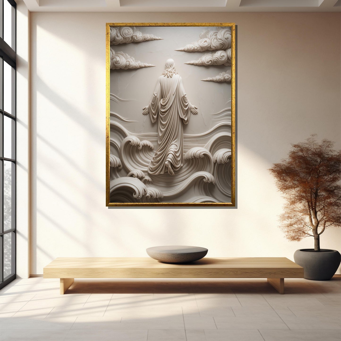 Large Christian religious print on beige canvas in living room