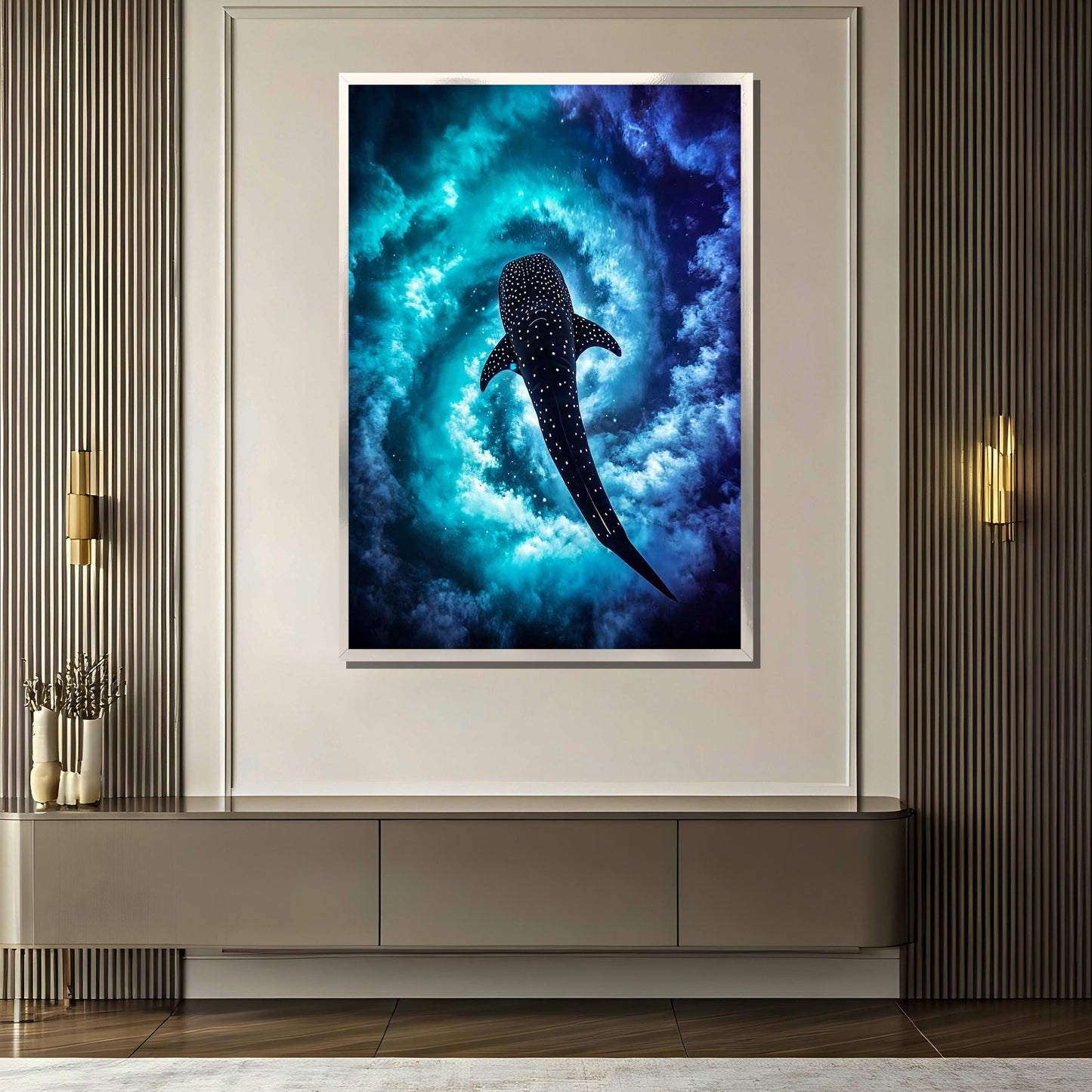 Modern living room with whale shark ocean art on wall