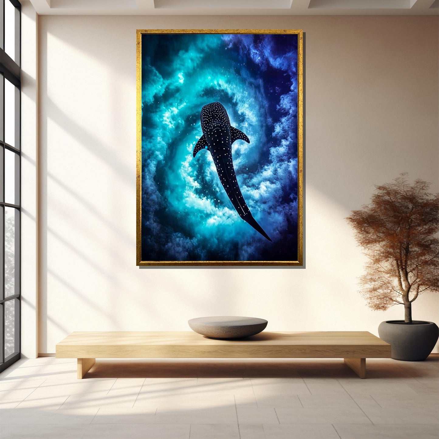 Large sea life canvas art featuring whale shark against deep blue ocean backdrop