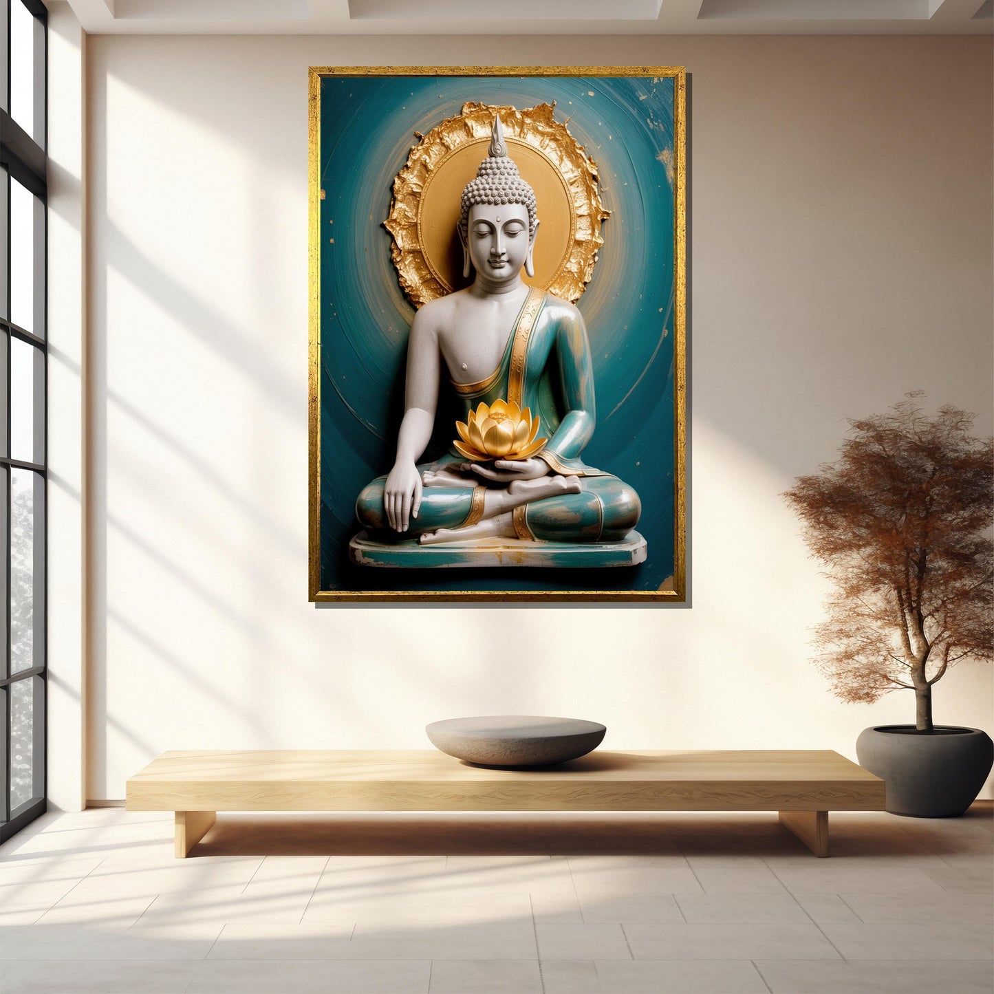 Close-up of lotus detail in Golden Buddha artwork