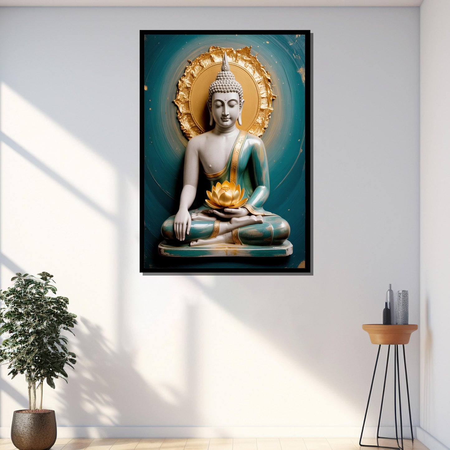 Large meditation painting displayed in serene living room