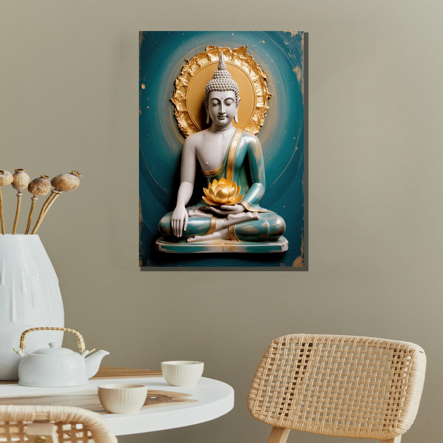Religious wall art with gold Buddha and lotus accents