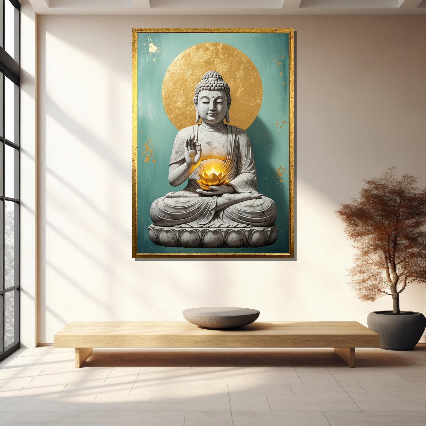 Full view of White Buddha canvas with golden lotus for meditation room