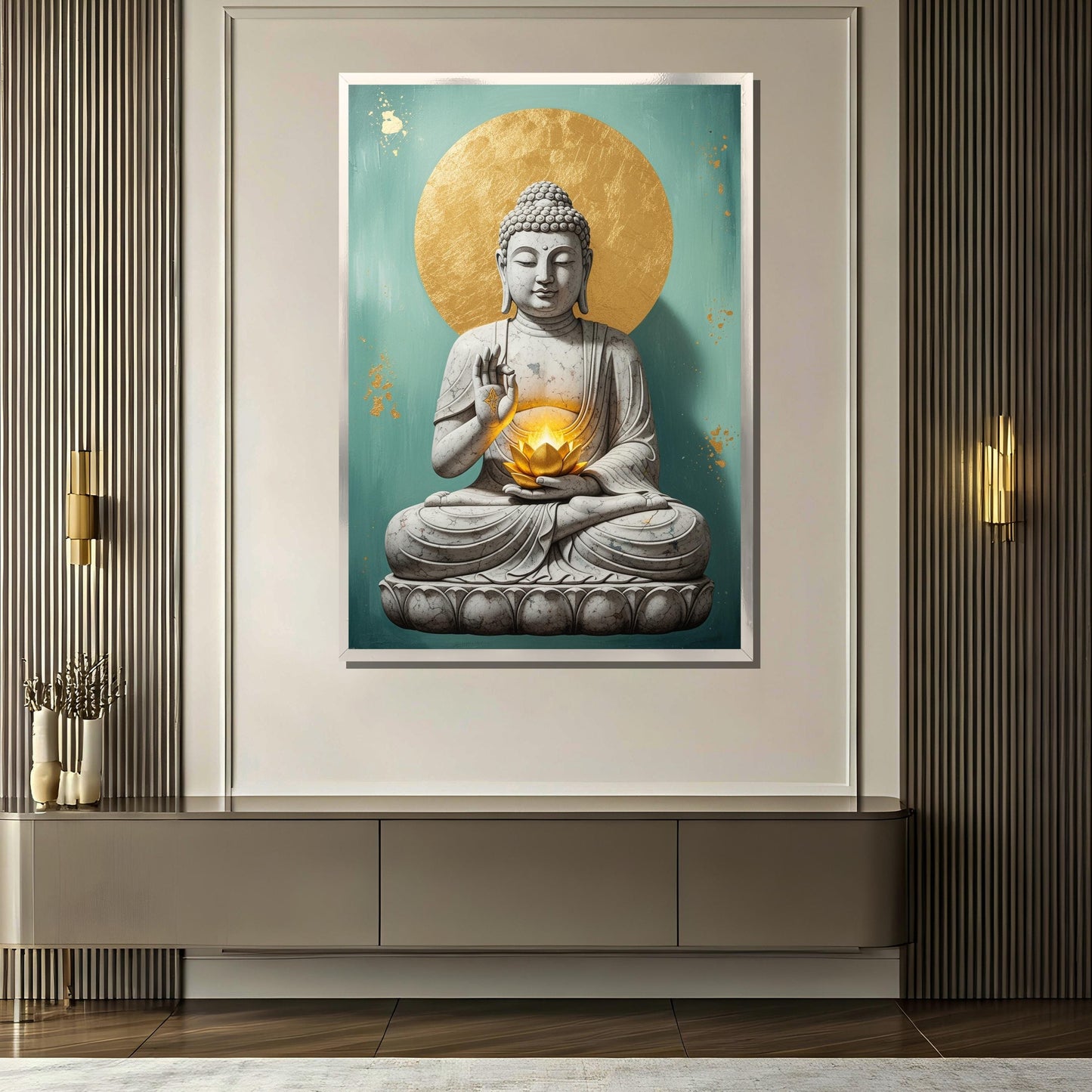 Zen decor wall art featuring white Buddha and lotus