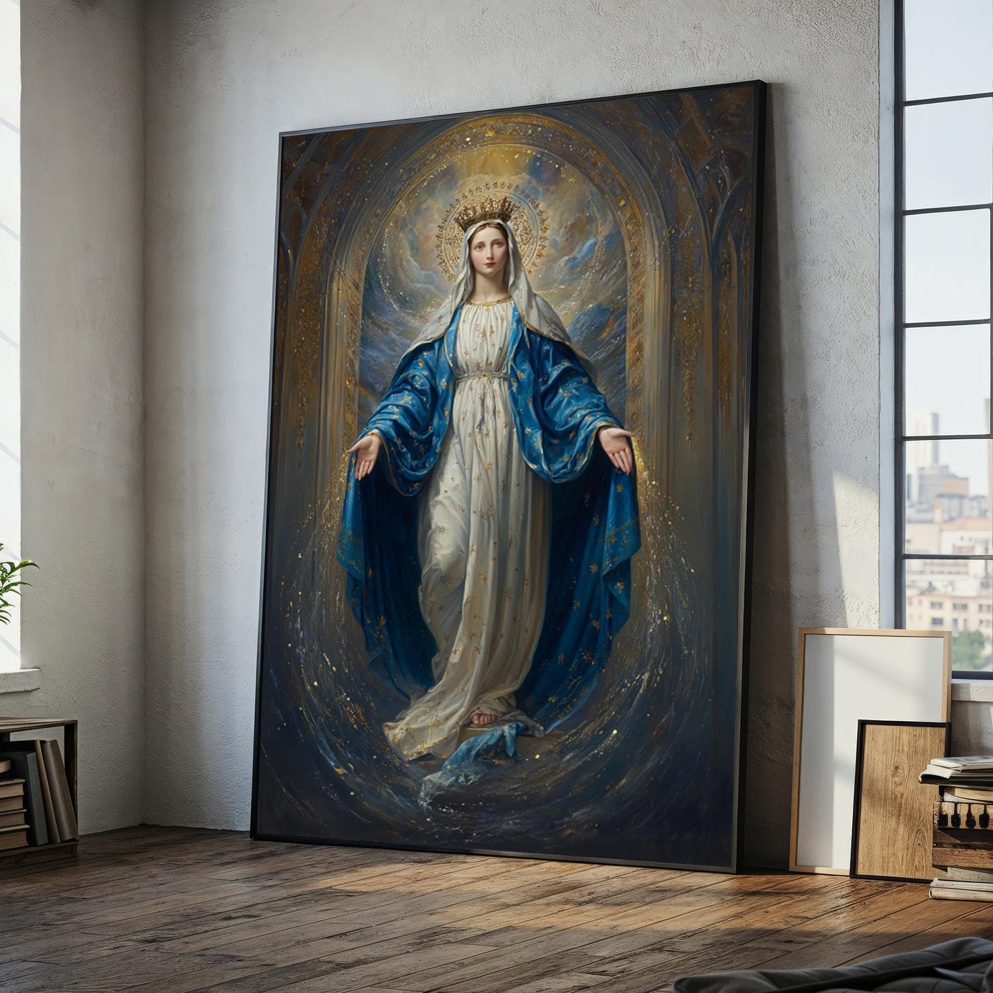 Virgin Mary canvas painting in blue and gold, ready to hang