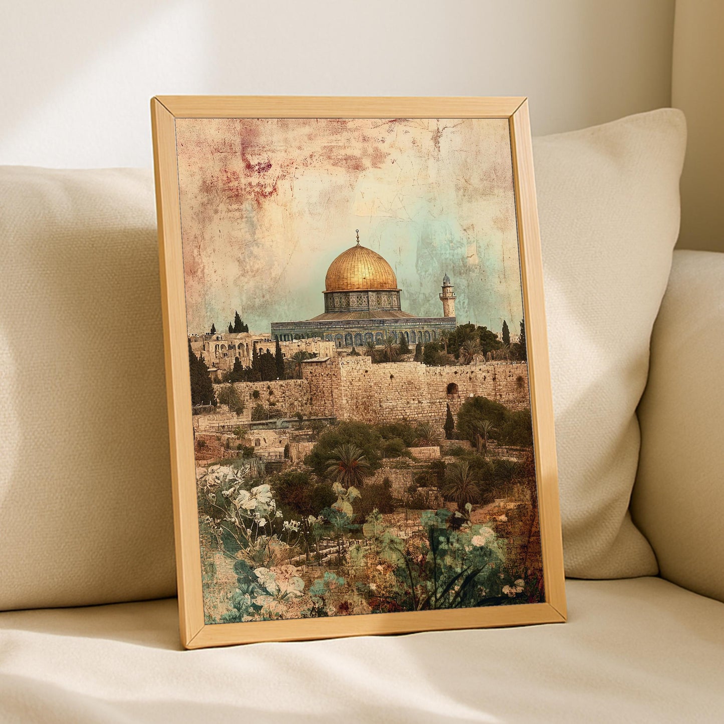 Overall composition showing Al-Aqsa Mosque silhouette in vintage style