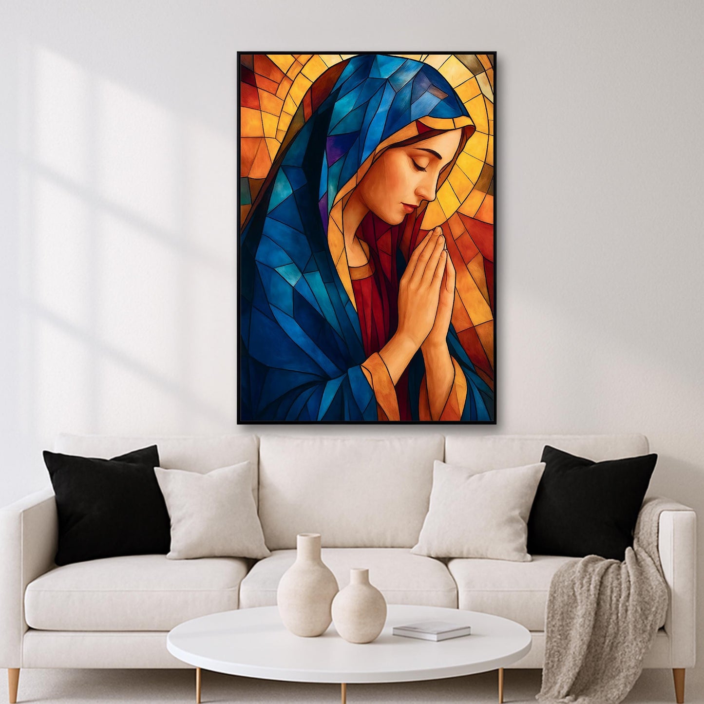 Virgin Mary religious artwork with blue tones and halo