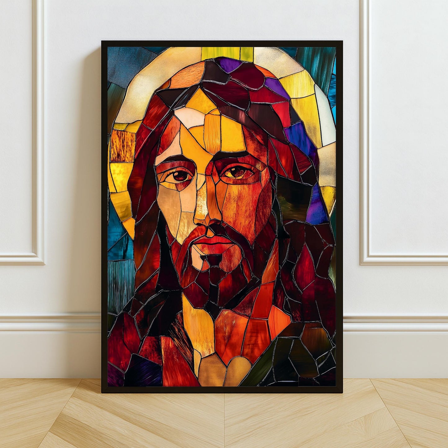 Stained glass style Jesus art on white wall - front view