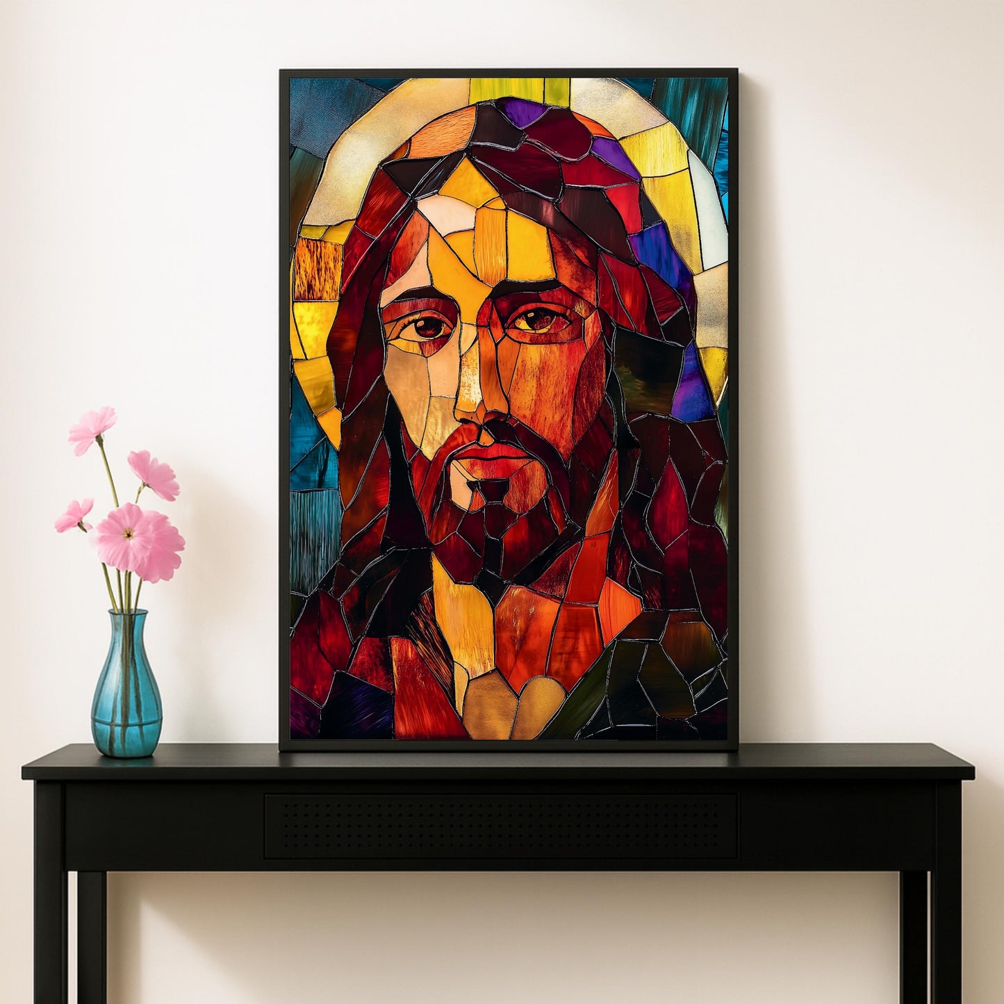 Religious wall art featuring Jesus in stained glass tones