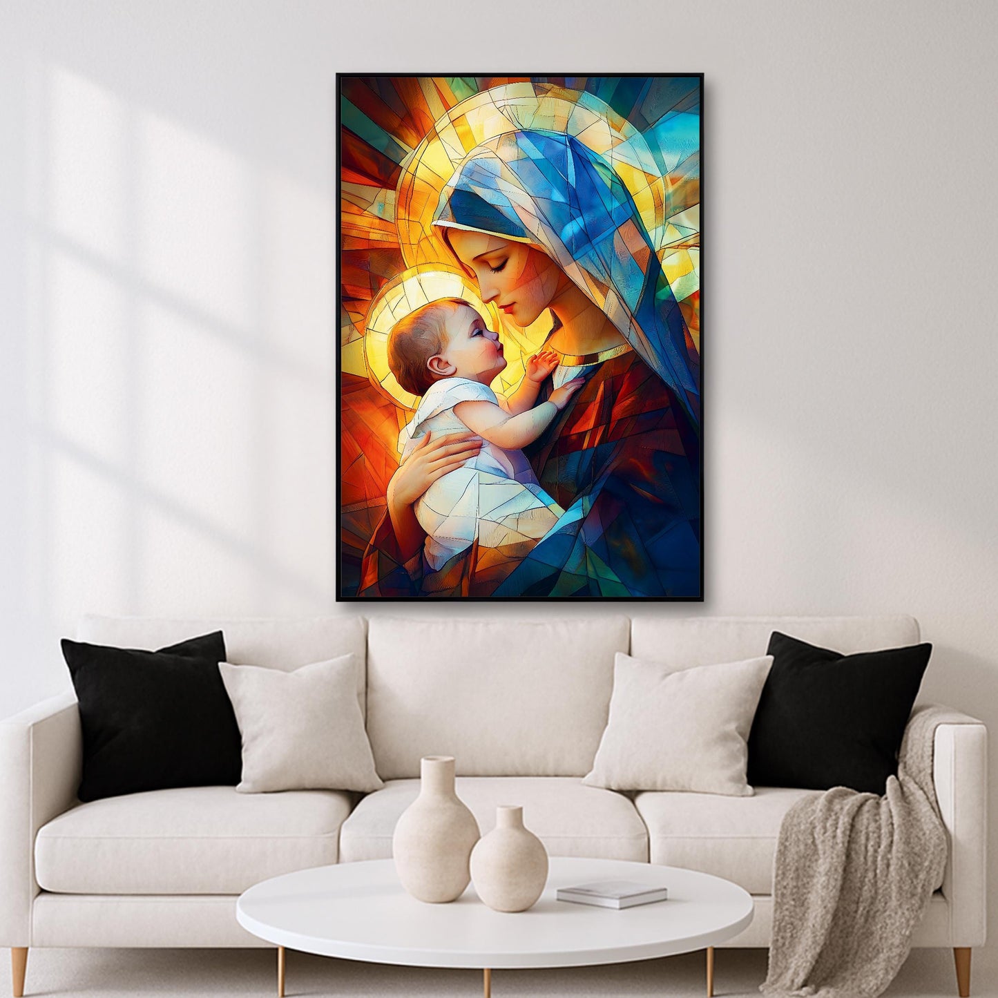 Religious stained glass design featuring Mary and Jesus