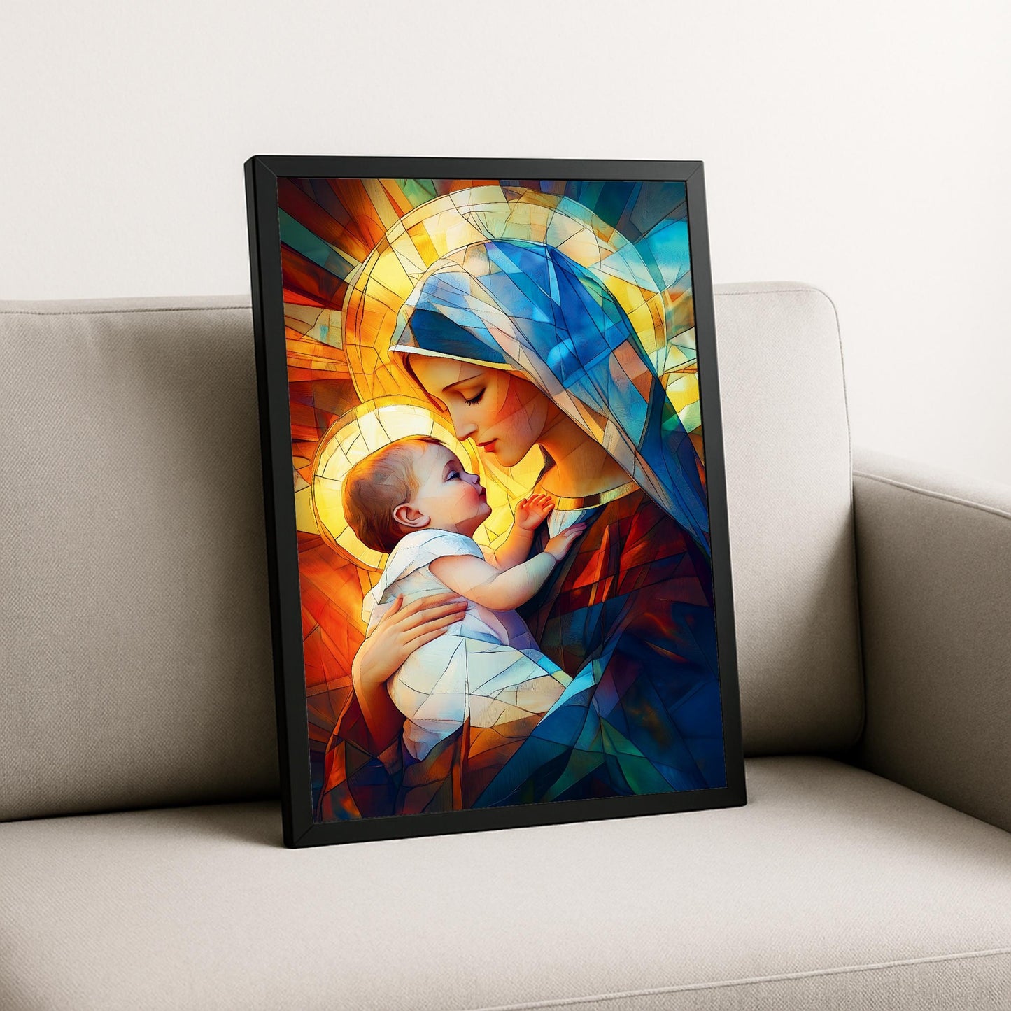Framed Mary and Jesus stained glass illustration for living room