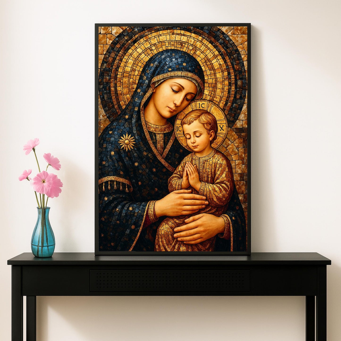 Madonna and Child mosaic wall art displayed as a centerpiece in a room