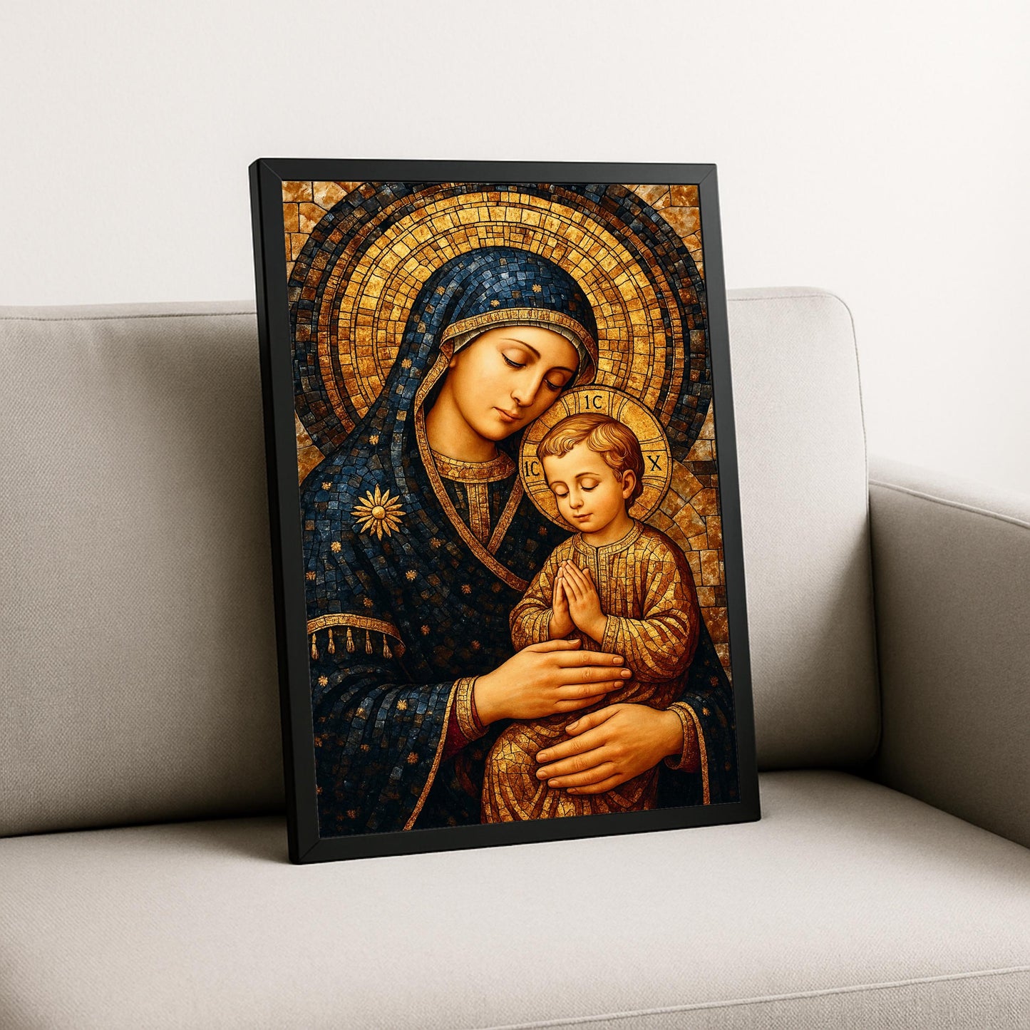 Soft-focus image of religious mosaic icon on wall