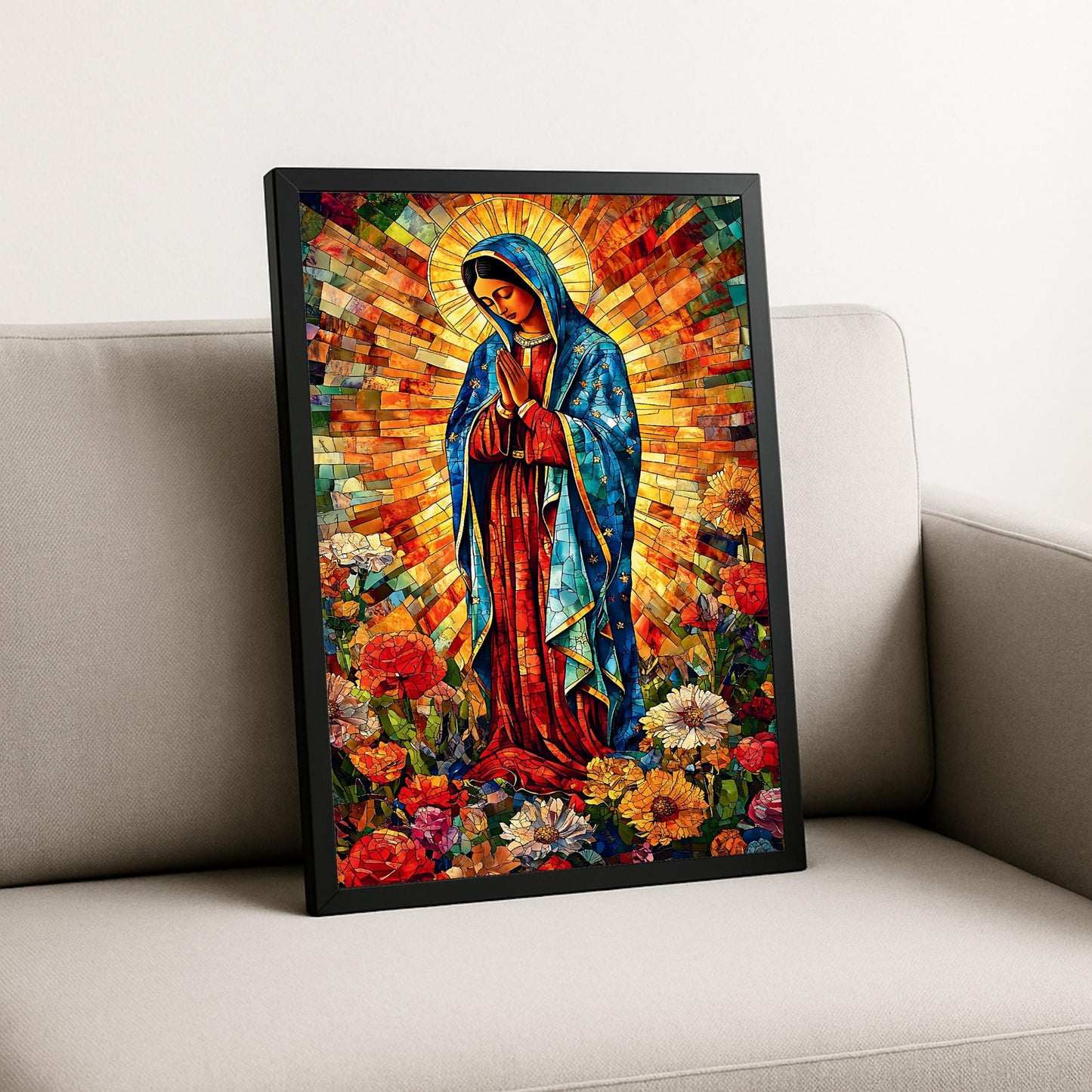 Religious wall art featuring Mary with floral border