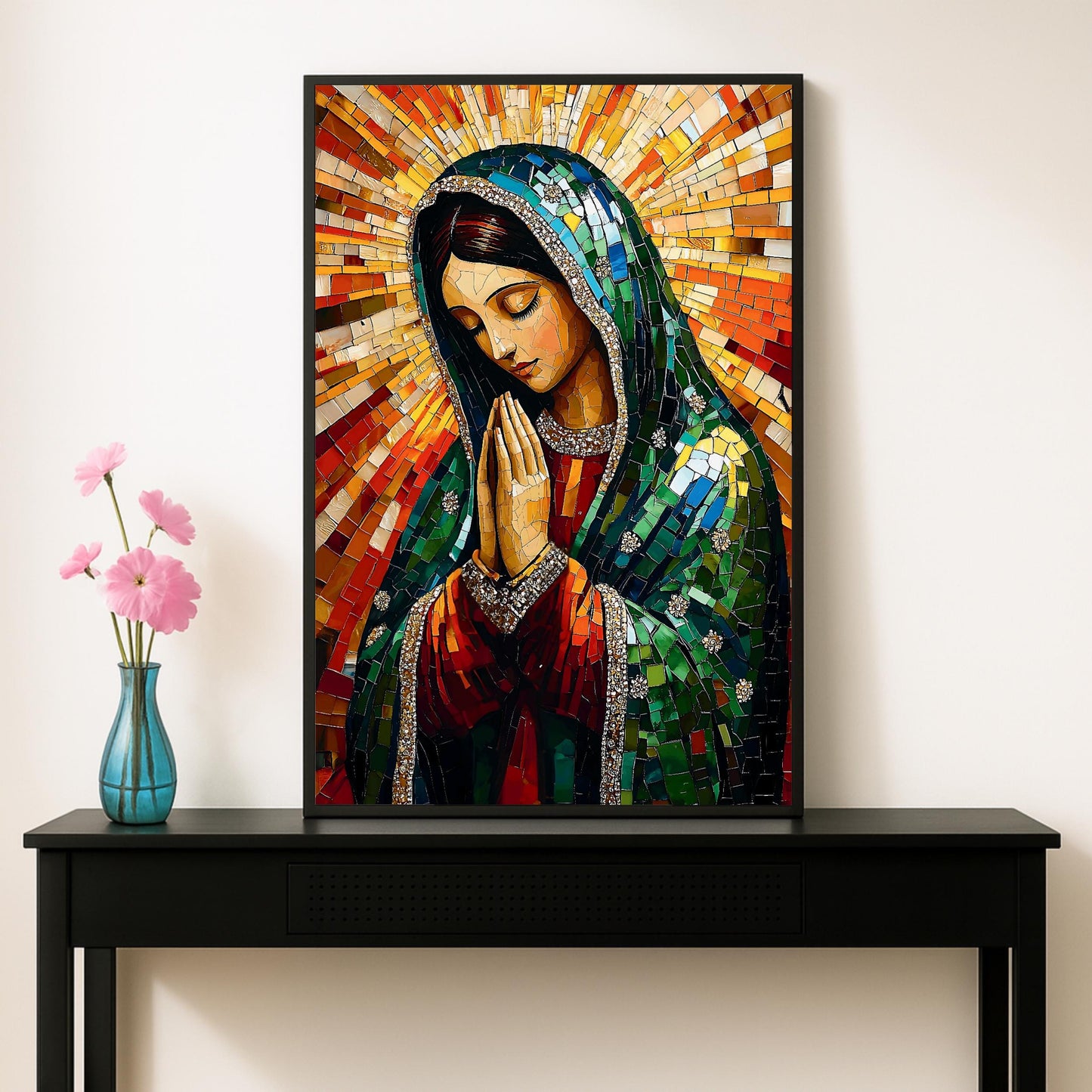 Religious wall decor featuring Mary of Guadalupe mosaic design