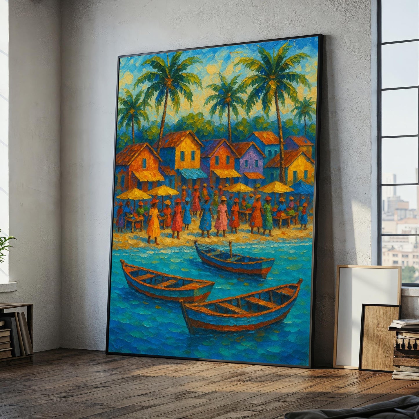 Vibrant tropical village canvas painting with palm trees and colorful boats