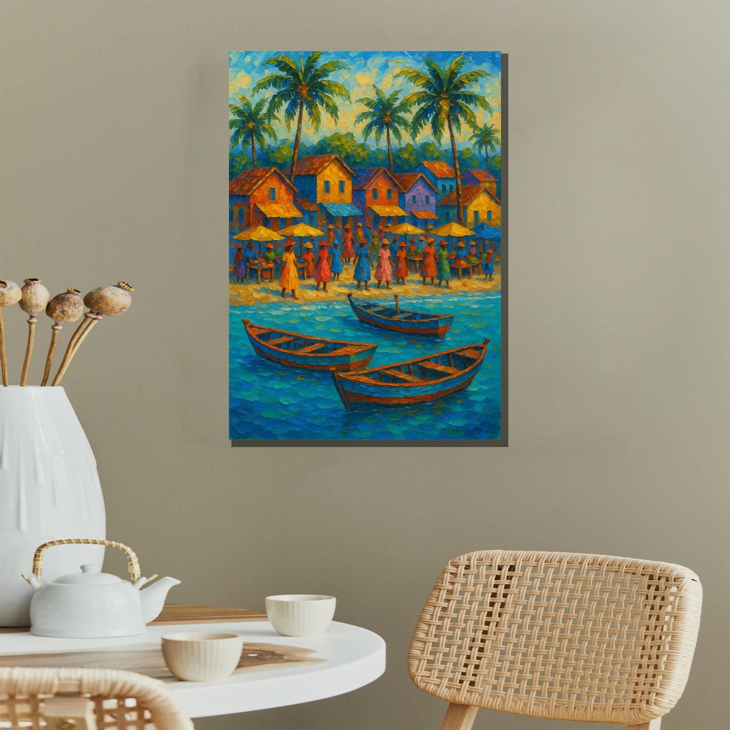 Beach house wall decor featuring tropical village scene on canvas