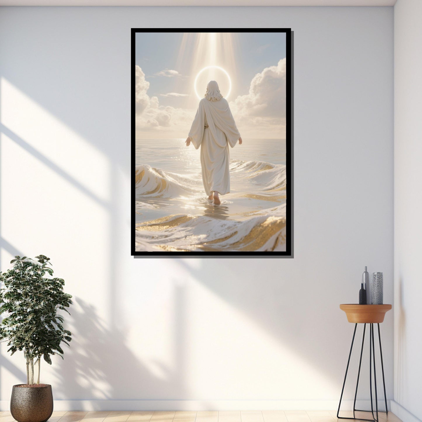 Heavenly light over calm sea in canvas artwork