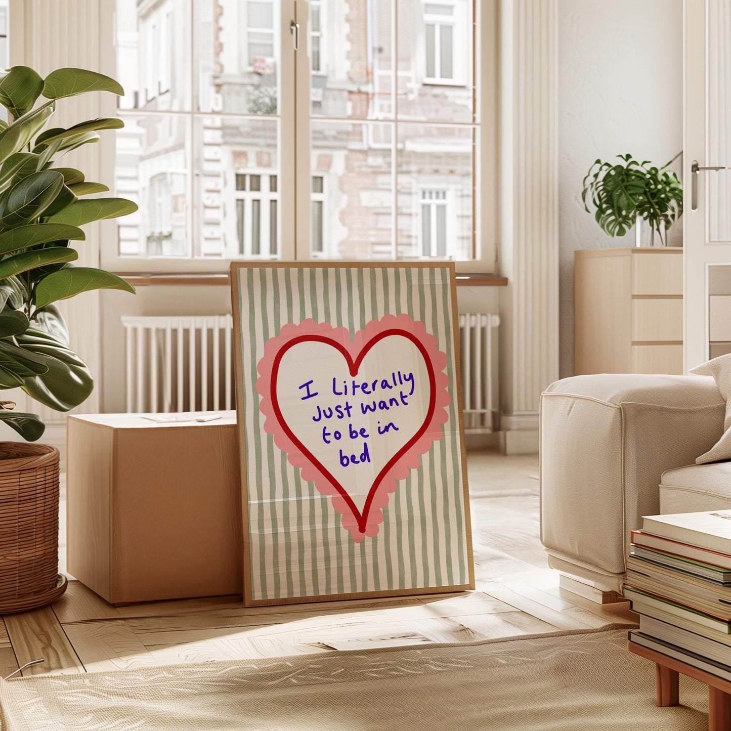 Vintage style poster with humorous quote on striped wall