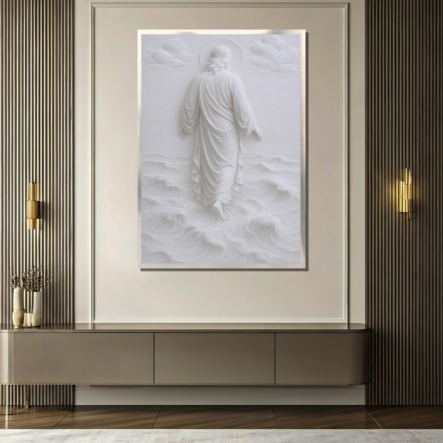 Living room setup featuring Jesus Walking on Water wall art
