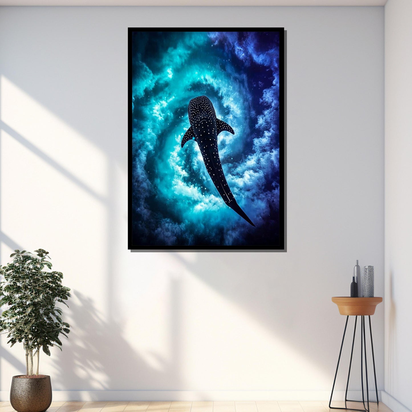 Gallery-wrapped canvas wall art in cosmic blue hues for home decor