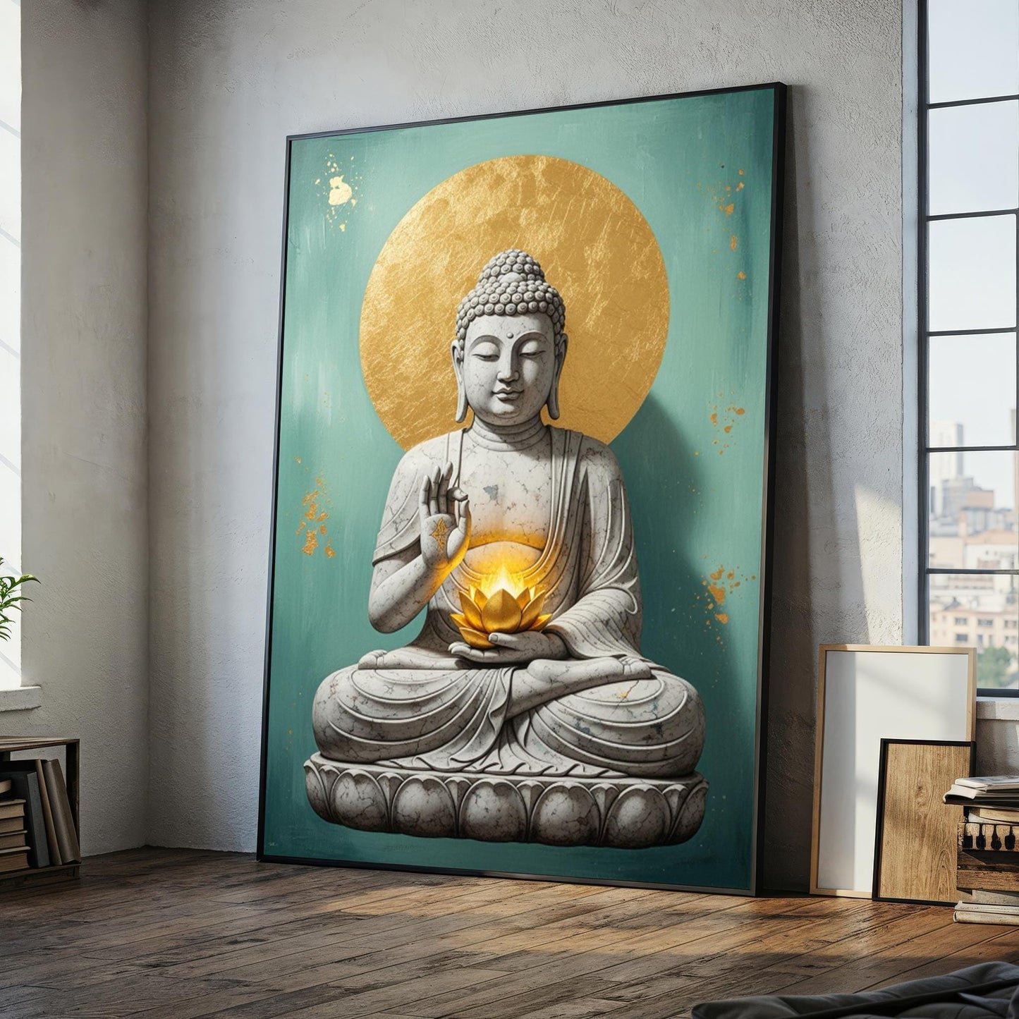 White Buddha canvas wall art with golden lotus close-up