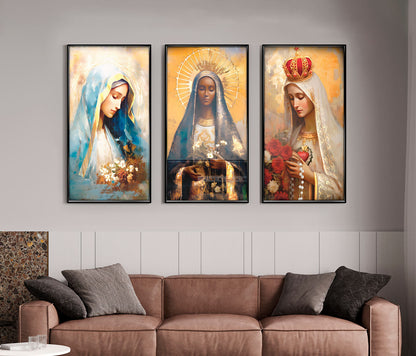 Devotional Serenity: Our Lady of Grace, Fatima & Aparecida Catholic Art Prints (Set of 3)