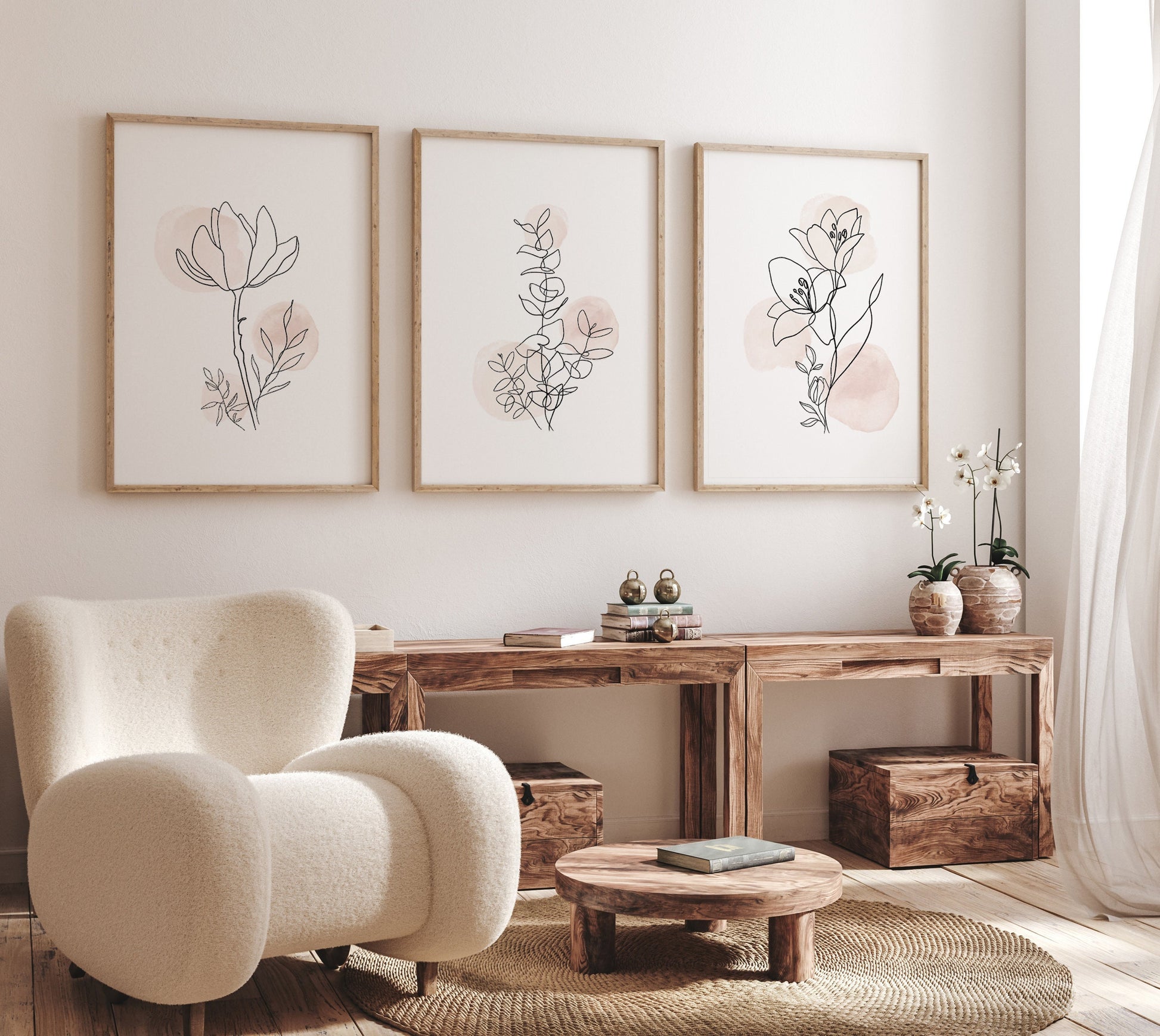 Blush minimalist botanical line art print set – trio for wall decor