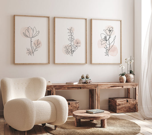 Blush minimalist botanical line art print set – trio for wall decor