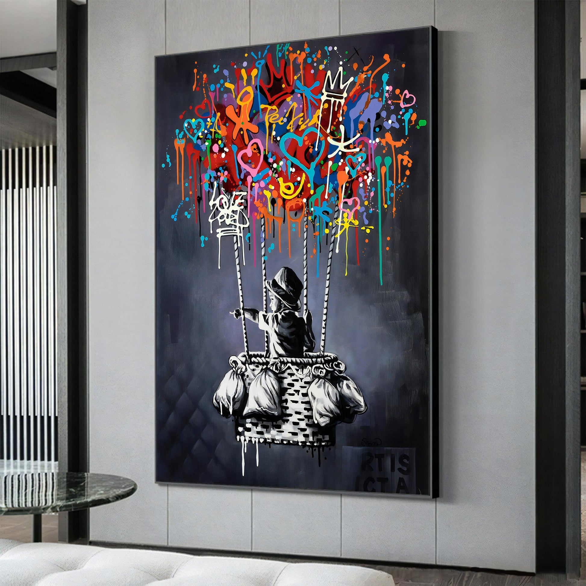 Pop graffiti Banksy-inspired canvas print with bold balloon