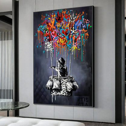 Pop graffiti Banksy-inspired canvas print with bold balloon