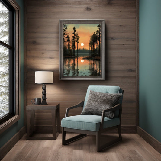Pine forest wall art with tranquil earth tones and lake reflection