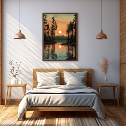 Serene woodland lake landscape wall art suitable for living rooms