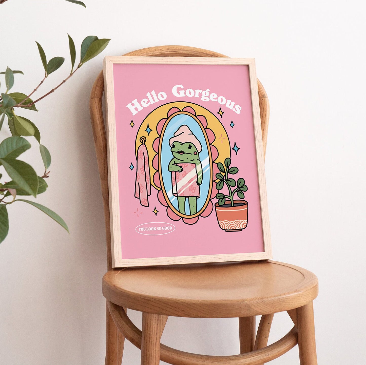 Girly frog illustration on pink retro poster for dorm room decor