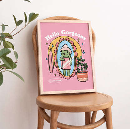 Girly frog illustration on pink retro poster for dorm room decor