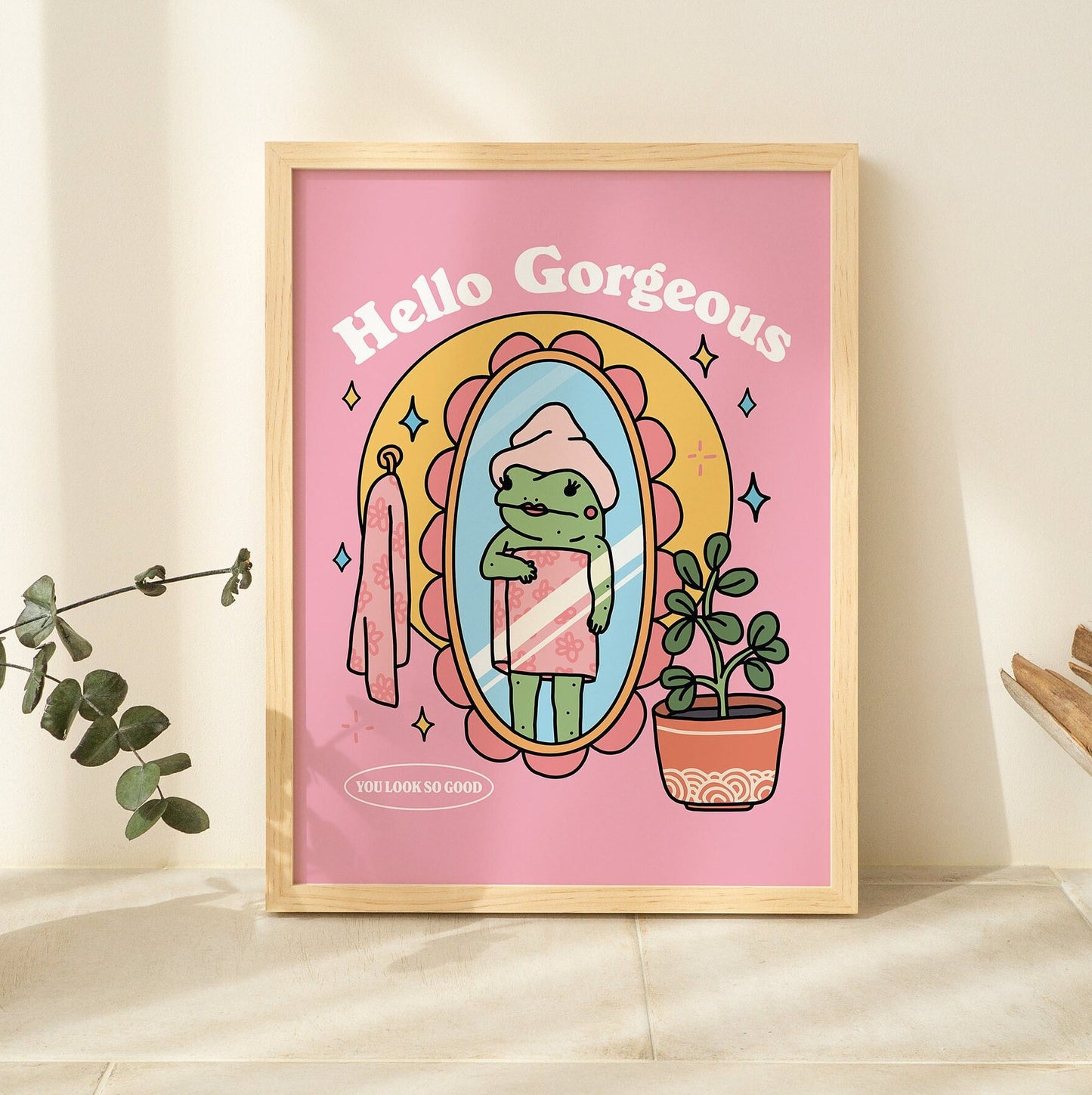 Pink retro frog self-love wall print with Hello Gorgeous quote, unframed poster