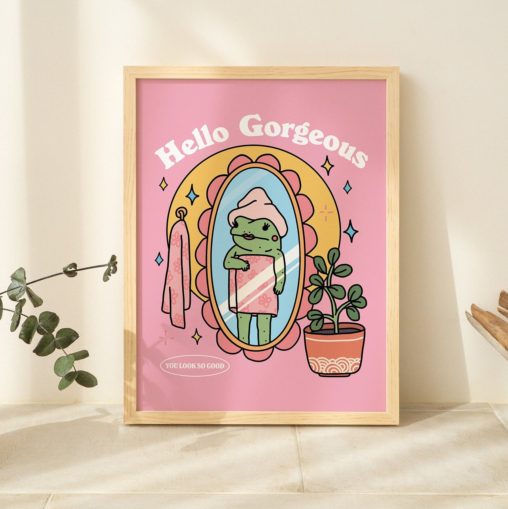 Pink retro frog self-love wall print with Hello Gorgeous quote, unframed poster