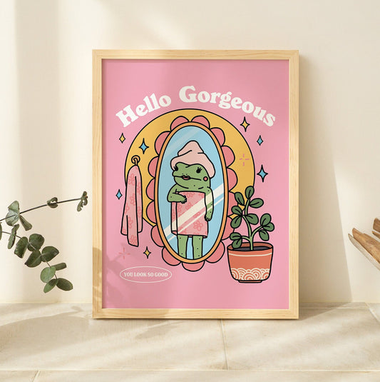 Pink retro frog self-love wall print with Hello Gorgeous quote, unframed poster