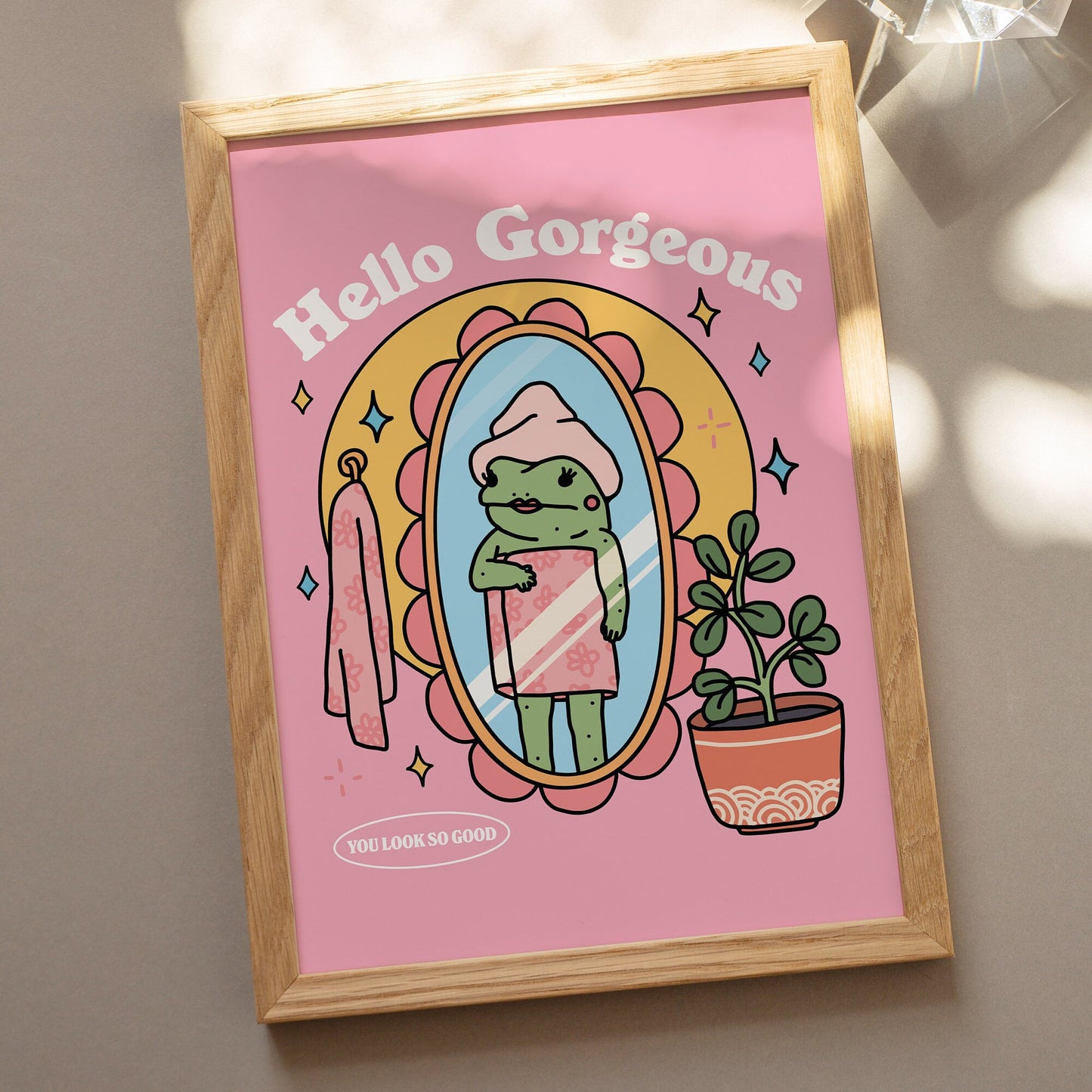 Hello Gorgeous quote on pink wall art, bathroom decor suitable