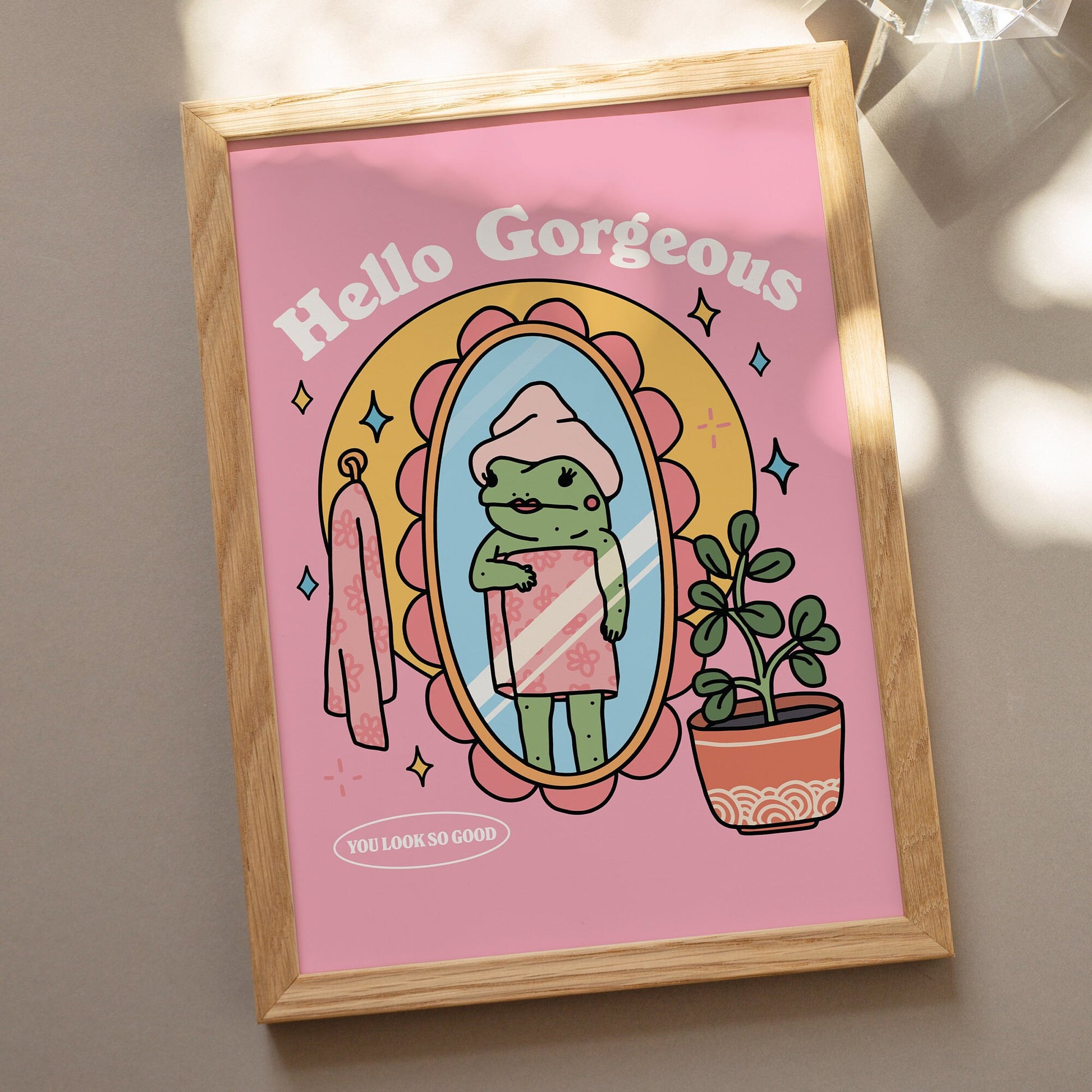 Hello Gorgeous quote on pink wall art, bathroom decor suitable