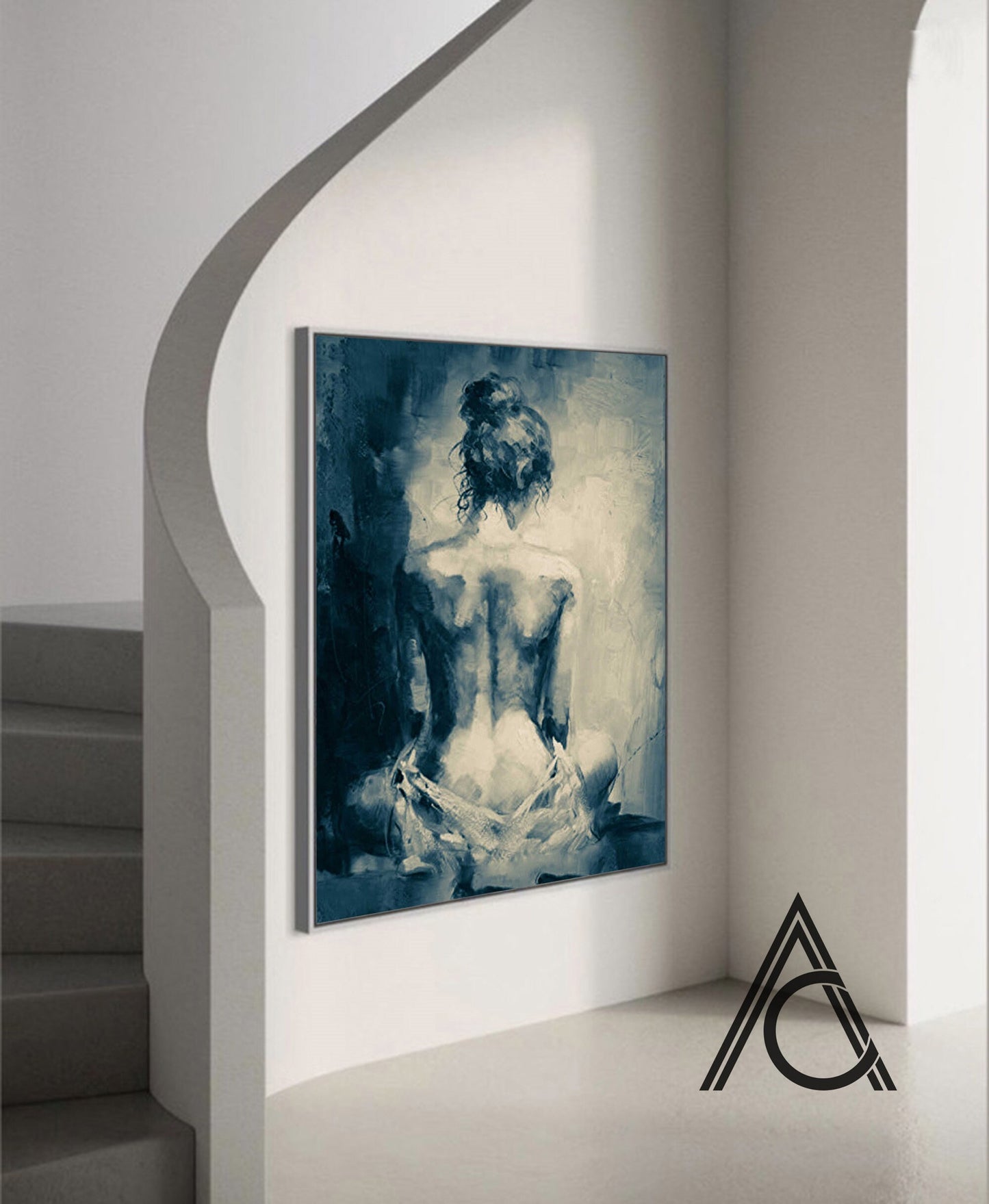 Gallery style wall featuring abstract nude woman painting