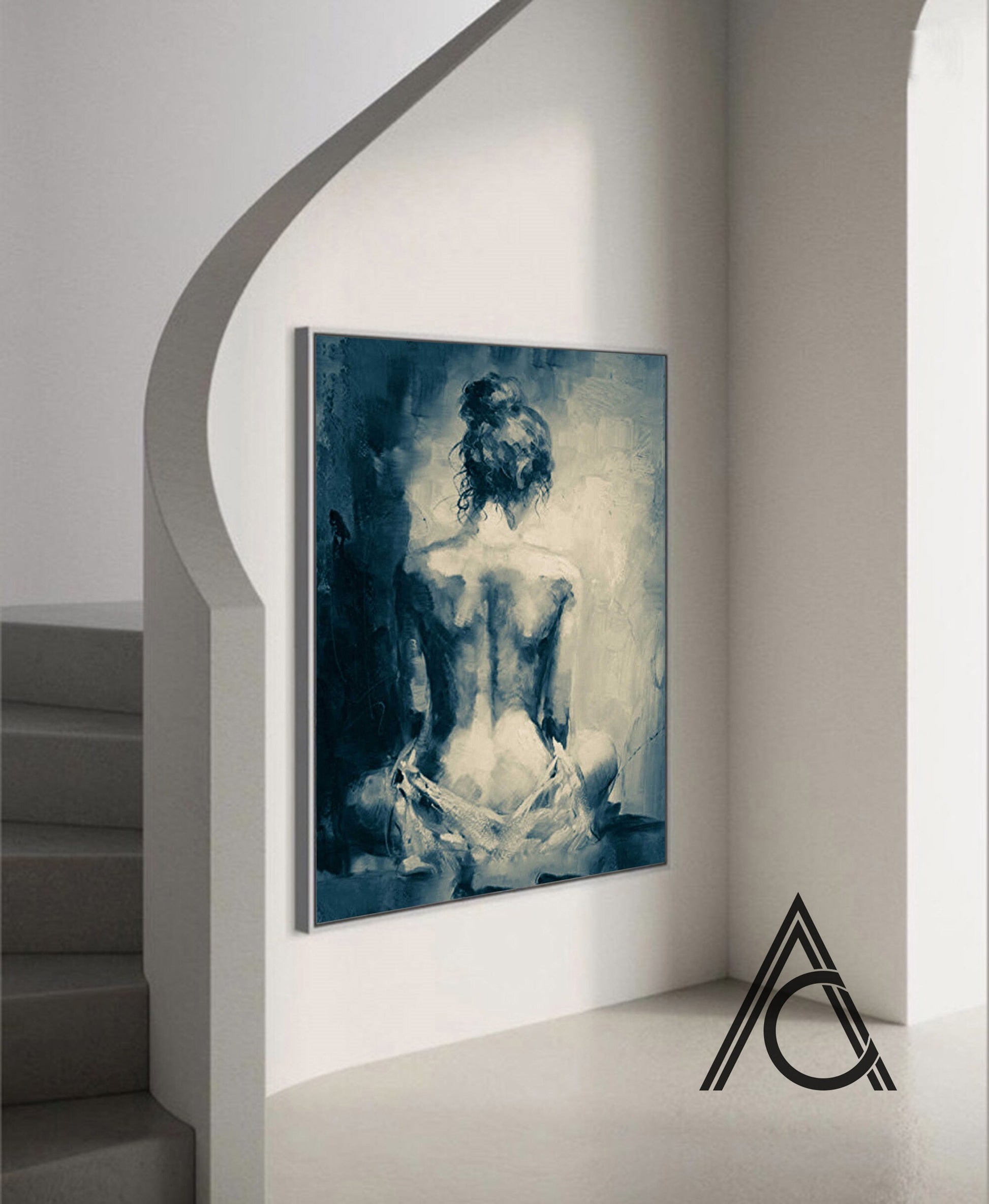 Gallery style wall featuring abstract nude woman painting
