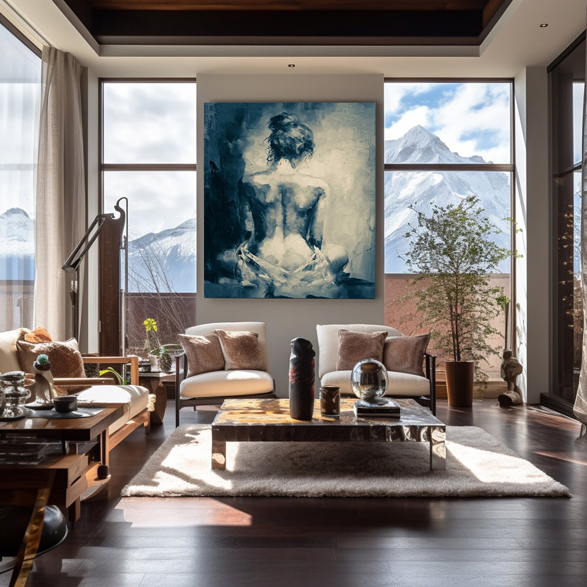 Living room with framed abstract woman painting on wall