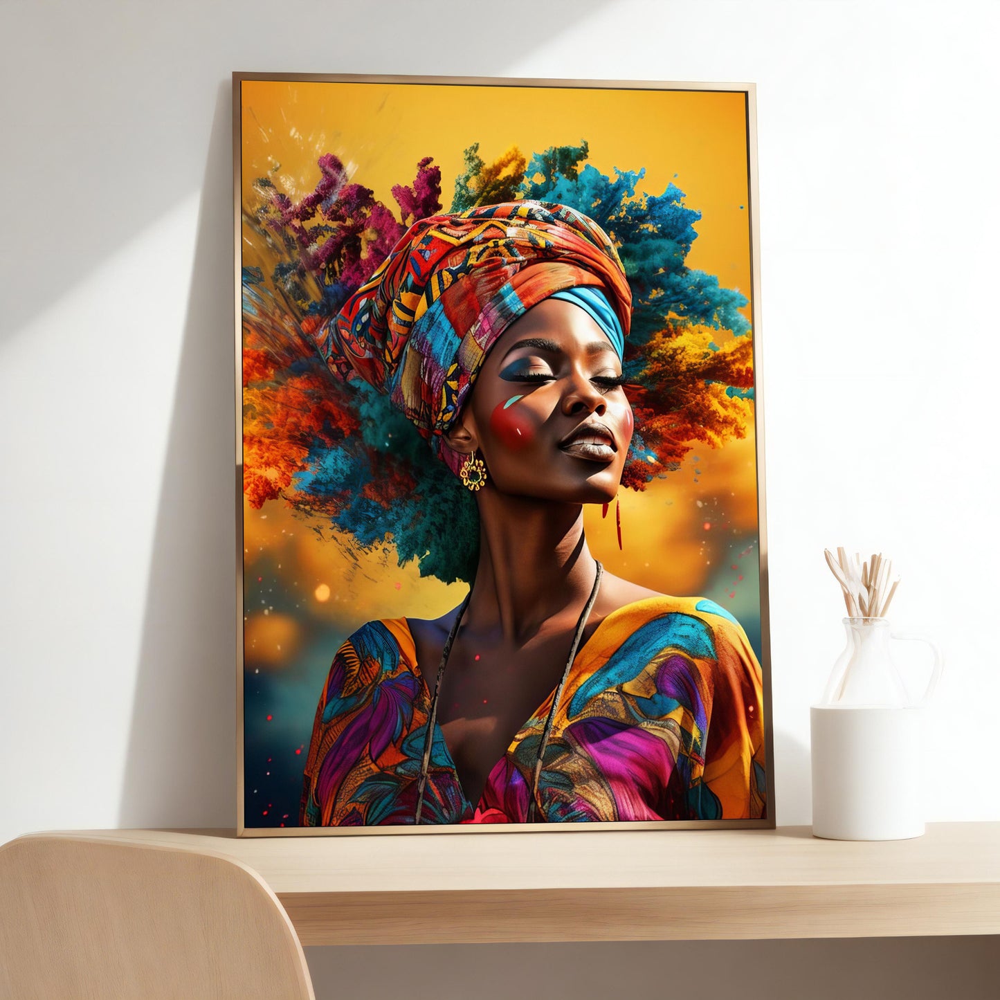 Afro American woman portrait on canvas print with bold fashion styling