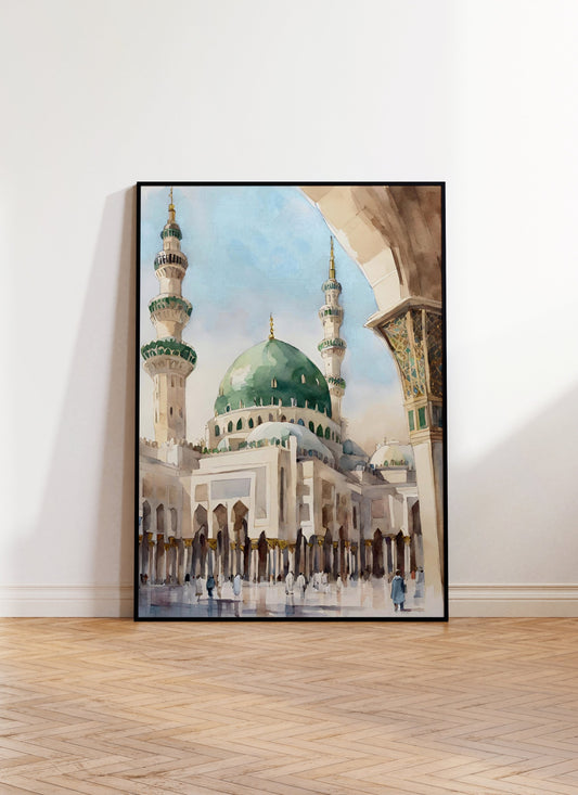 Abstract Masjid Nabawi Mosque wall art in blue tones for a modern interior