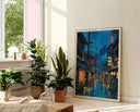 Lively city cafe scene with bold lines and warm colors