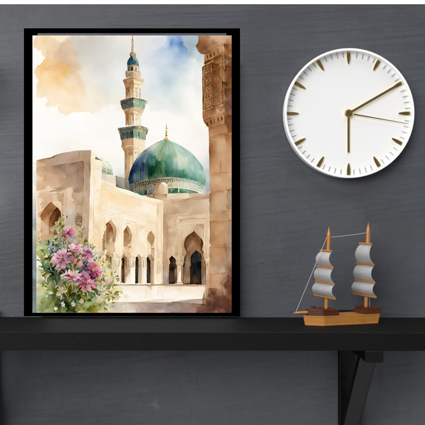 Boho Islamic poster featuring Masjid Nabawi watercolor wash