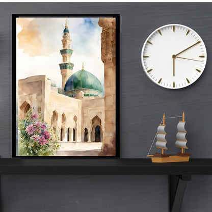 Boho Islamic poster featuring Masjid Nabawi watercolor wash