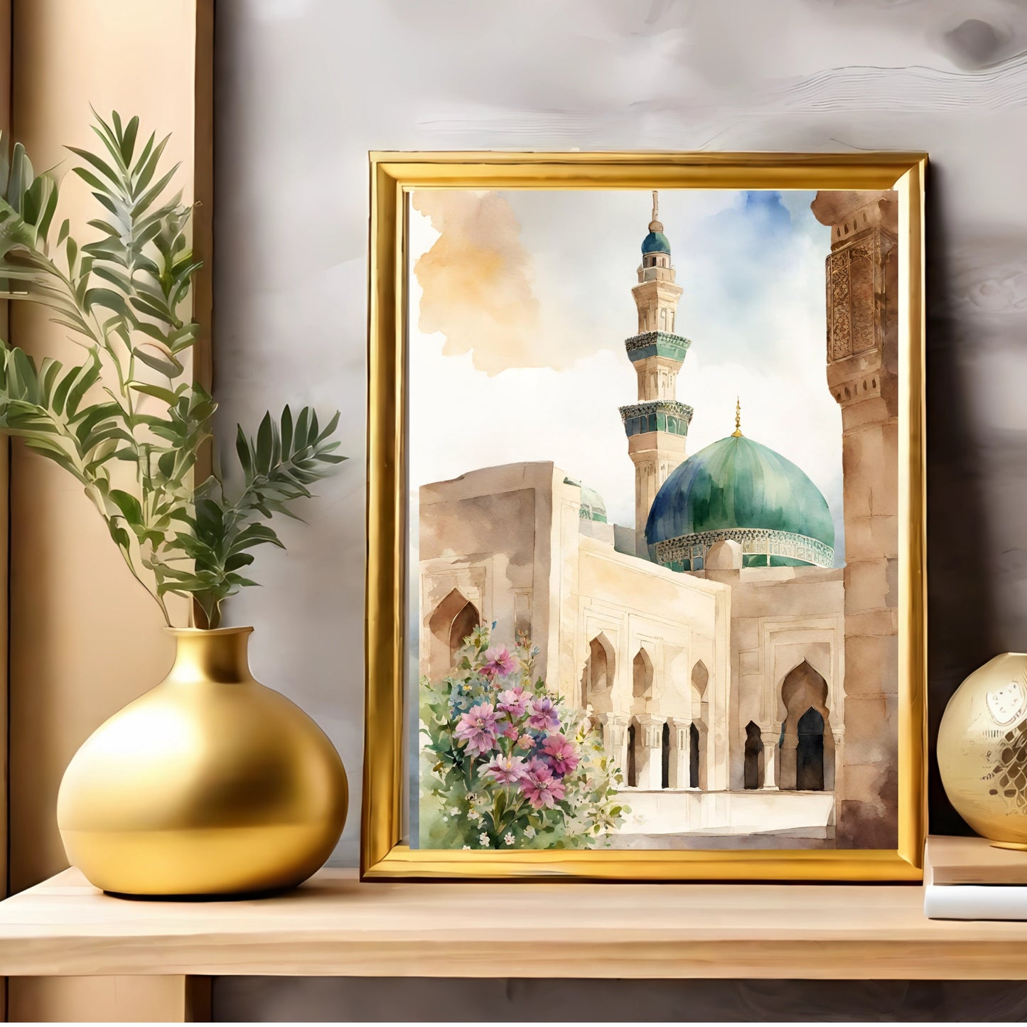 Boho style Masjid Nabawi poster in watercolor tones
