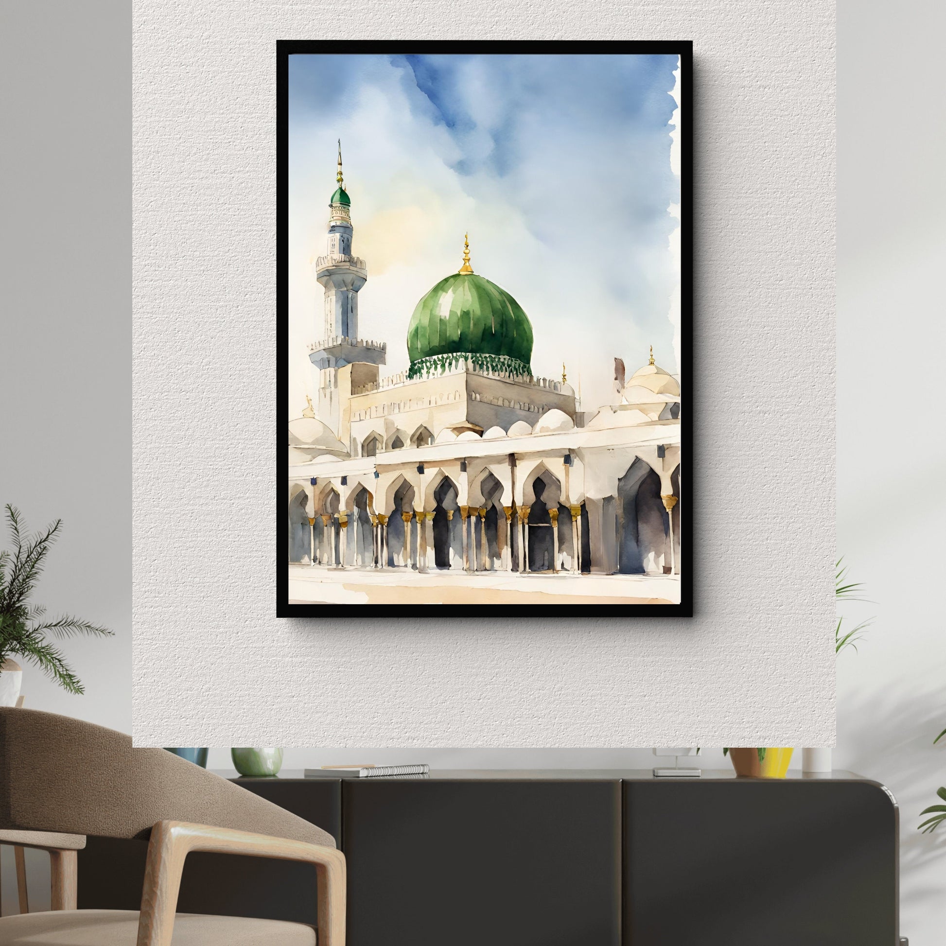 Minarets and domes rendered in pastel watercolor tones